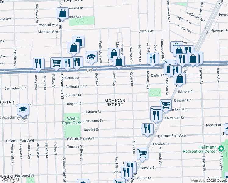 map of restaurants, bars, coffee shops, grocery stores, and more near 14079 Edmore Drive in Detroit