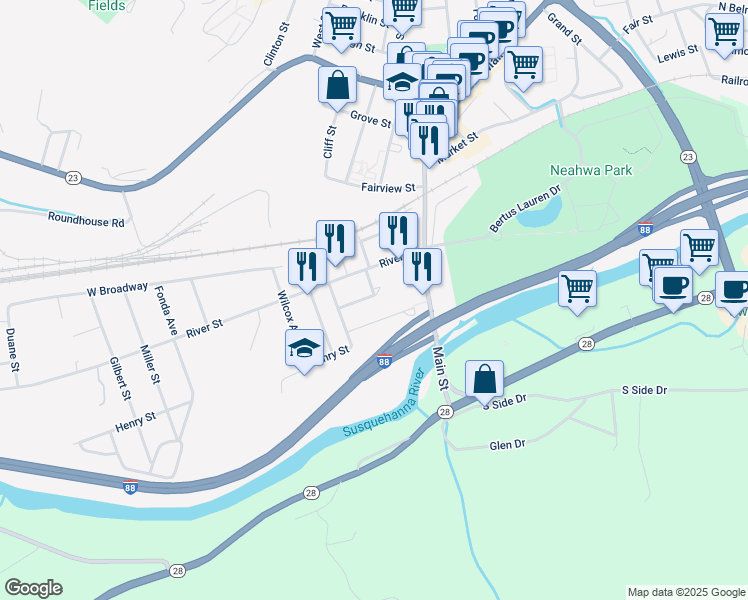 map of restaurants, bars, coffee shops, grocery stores, and more near 2 Huntington Ave in Oneonta