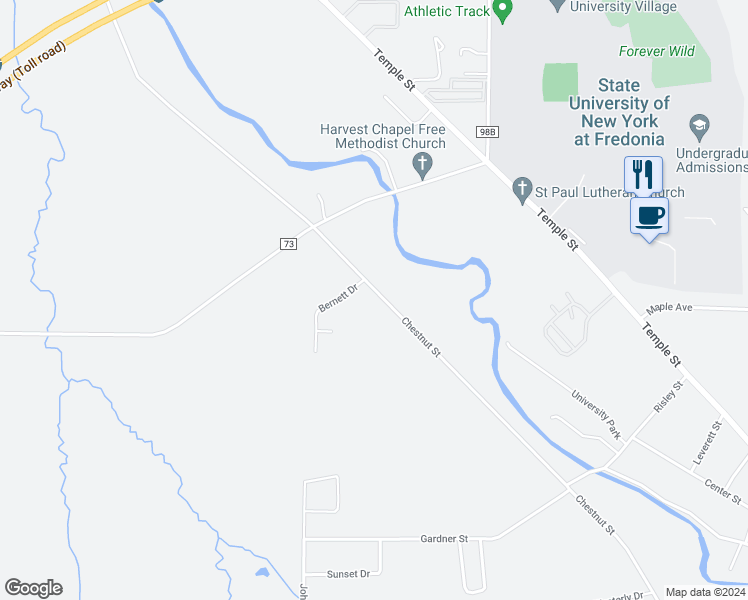 map of restaurants, bars, coffee shops, grocery stores, and more near 410 Chestnut Street in Fredonia