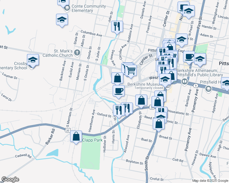 map of restaurants, bars, coffee shops, grocery stores, and more near 75B South Church Street in Pittsfield