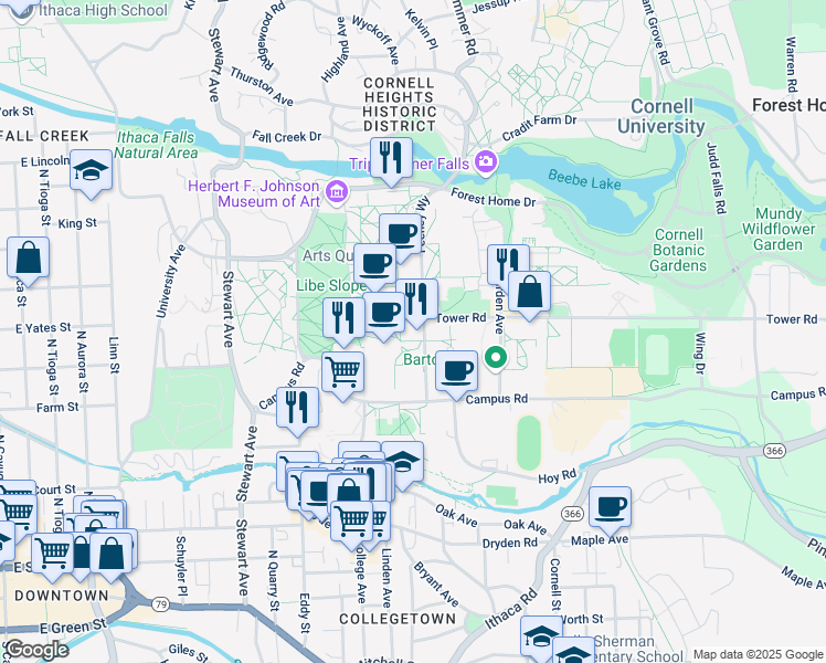 map of restaurants, bars, coffee shops, grocery stores, and more near 144 East Avenue in Ithaca