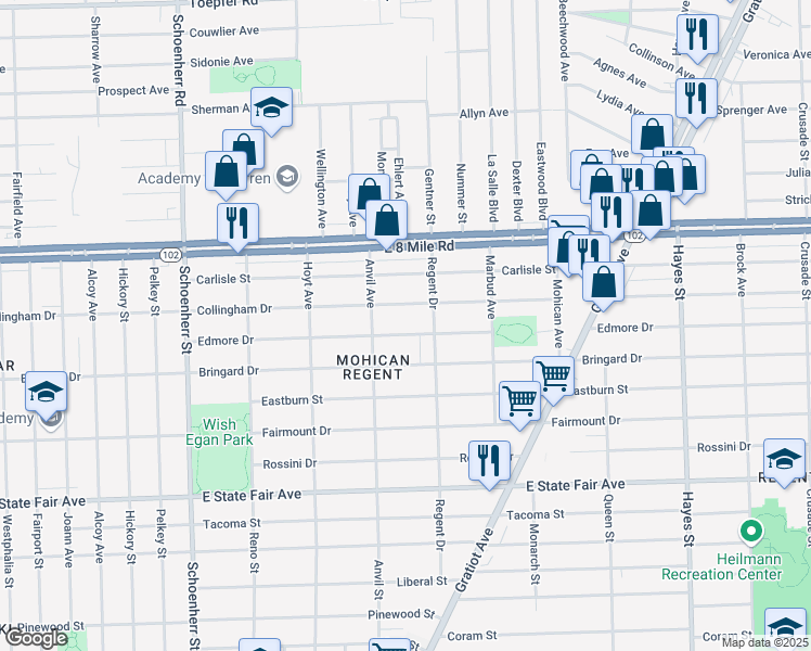 map of restaurants, bars, coffee shops, grocery stores, and more near 14157 Edmore Drive in Detroit