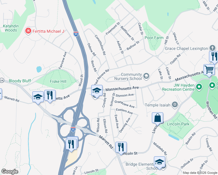 map of restaurants, bars, coffee shops, grocery stores, and more near 2538 Massachusetts Avenue in Lexington