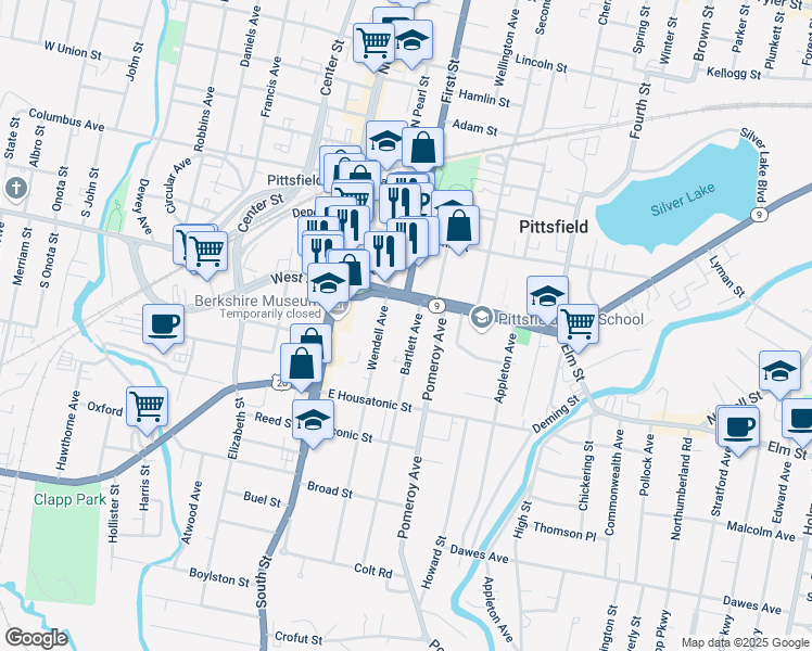 map of restaurants, bars, coffee shops, grocery stores, and more near 28 Bartlett Avenue in Pittsfield
