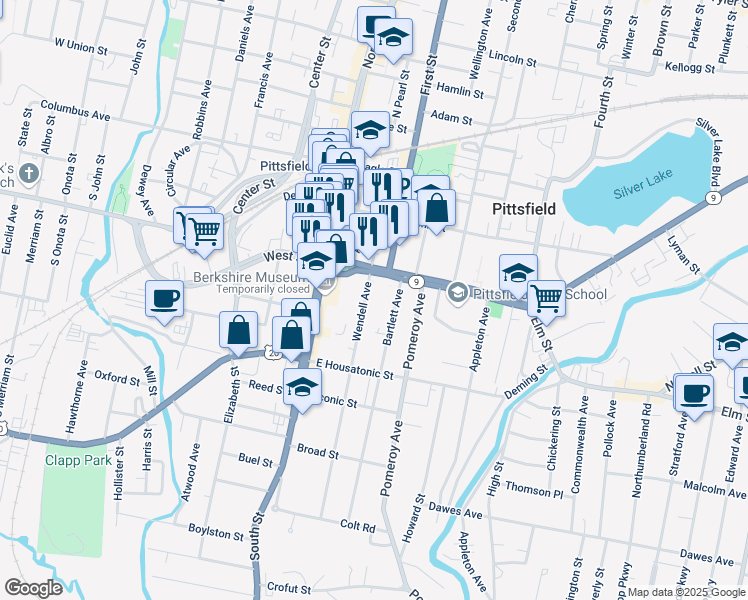 map of restaurants, bars, coffee shops, grocery stores, and more near 30 Wendell Avenue in Pittsfield