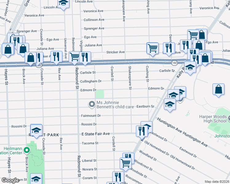 map of restaurants, bars, coffee shops, grocery stores, and more near 16257 Bringard Drive in Detroit