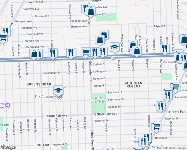 map of restaurants, bars, coffee shops, grocery stores, and more near 13649 Edmore Drive in Detroit