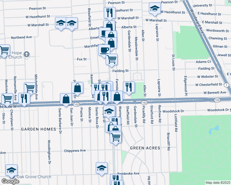 map of restaurants, bars, coffee shops, grocery stores, and more near 211 Farmdale Street in Ferndale