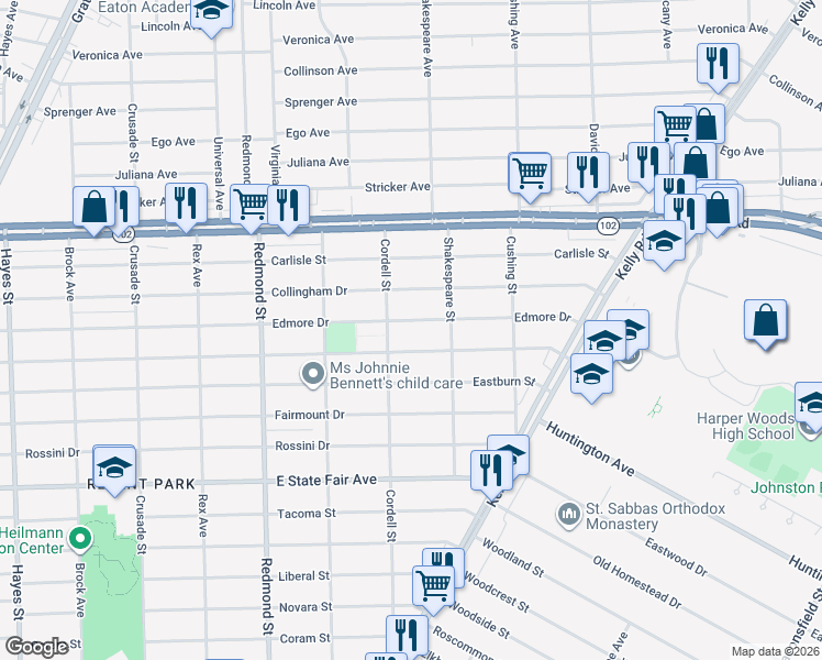 map of restaurants, bars, coffee shops, grocery stores, and more near 16451 Bringard Drive in Detroit