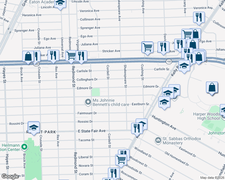 map of restaurants, bars, coffee shops, grocery stores, and more near 16451 Bringard Drive in Detroit