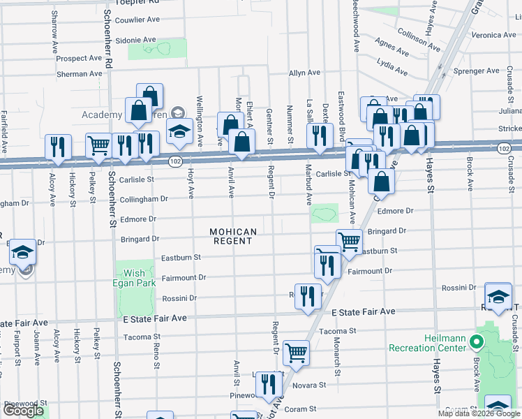 map of restaurants, bars, coffee shops, grocery stores, and more near 14157 Edmore Drive in Detroit