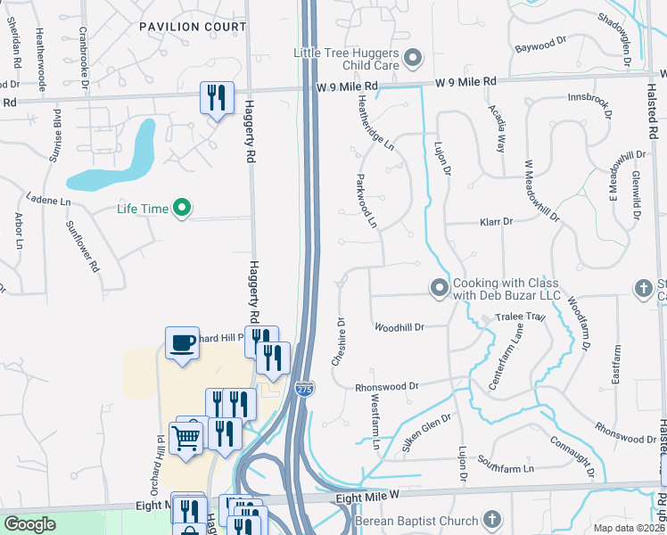 map of restaurants, bars, coffee shops, grocery stores, and more near 38844 Cheshire Drive in Northville