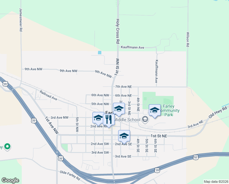 map of restaurants, bars, coffee shops, grocery stores, and more near 101 6th Avenue Northwest in Farley
