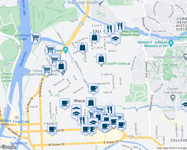 map of restaurants, bars, coffee shops, grocery stores, and more near 101 West Yates Street in Ithaca
