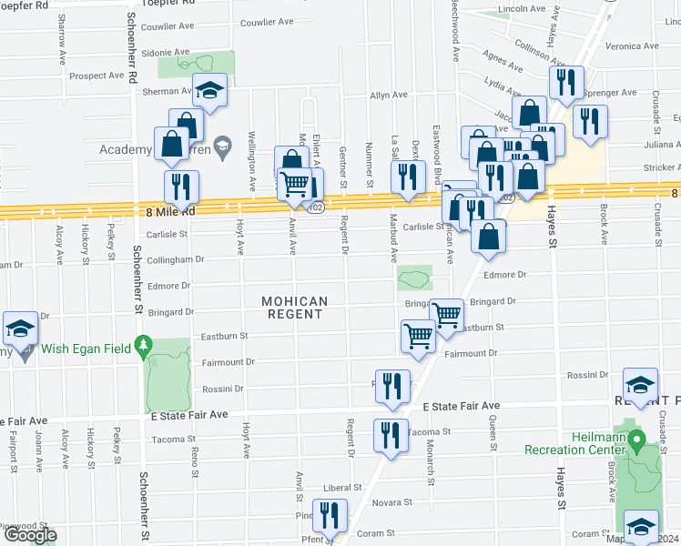 map of restaurants, bars, coffee shops, grocery stores, and more near 20315 Regent Drive in Detroit