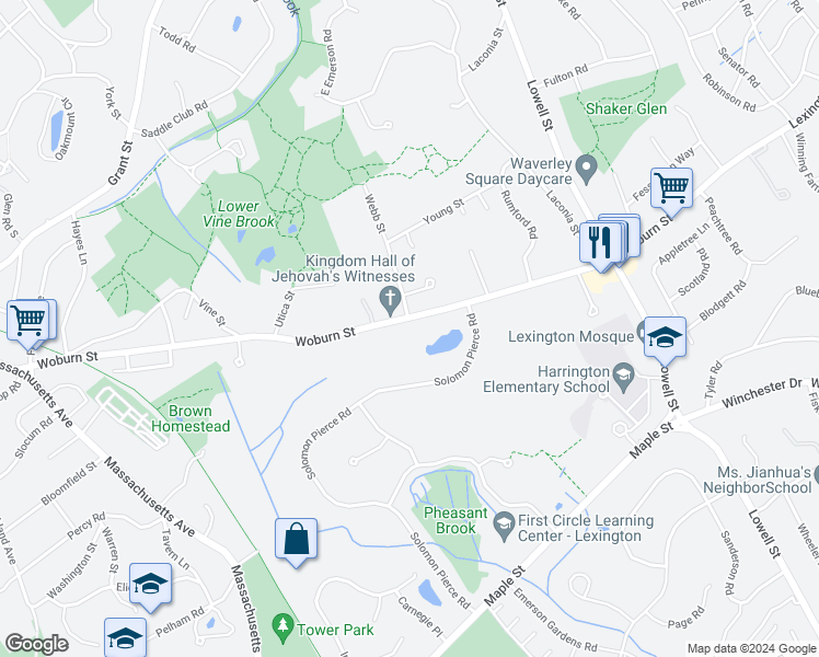 map of restaurants, bars, coffee shops, grocery stores, and more near 205 Woburn Street in Lexington