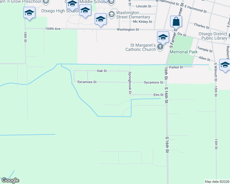 map of restaurants, bars, coffee shops, grocery stores, and more near 1662 Sycamore Street in Otsego