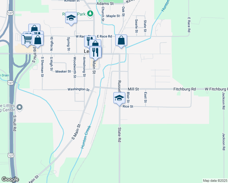 map of restaurants, bars, coffee shops, grocery stores, and more near 307 Mill Street in Leslie