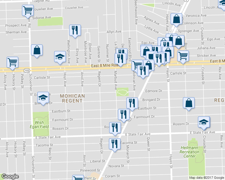 map of restaurants, bars, coffee shops, grocery stores, and more near 14483 Edmore Drive in Detroit