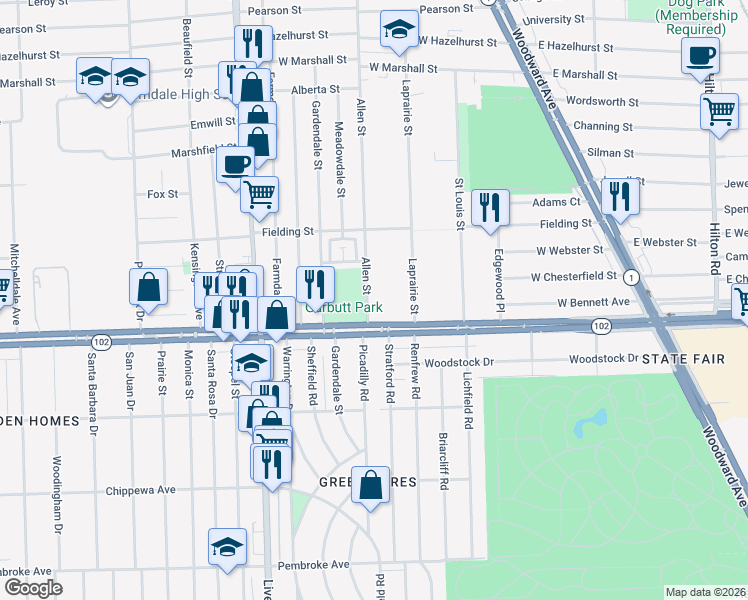map of restaurants, bars, coffee shops, grocery stores, and more near 200 Allen Street in Ferndale