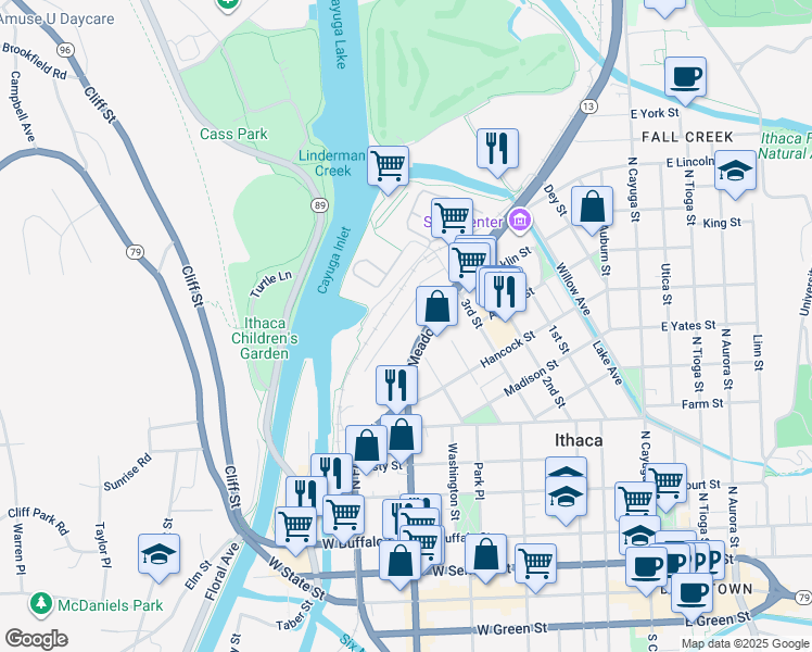 map of restaurants, bars, coffee shops, grocery stores, and more near in Ithaca