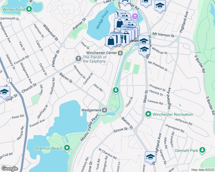map of restaurants, bars, coffee shops, grocery stores, and more near 20 Ginn Road in Winchester