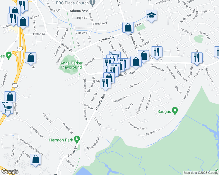 map of restaurants, bars, coffee shops, grocery stores, and more near 552 Lincoln Avenue in Saugus