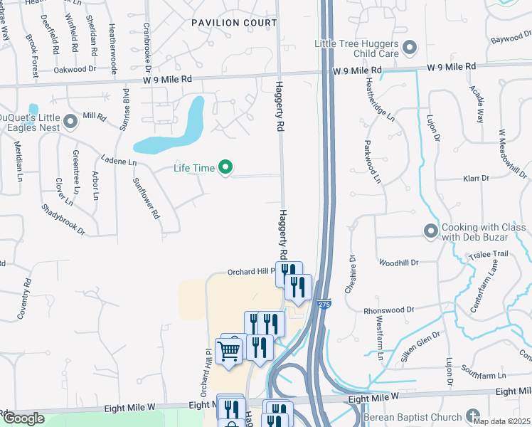 map of restaurants, bars, coffee shops, grocery stores, and more near 21625 Haggerty Road in Novi