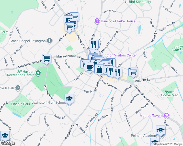 map of restaurants, bars, coffee shops, grocery stores, and more near 15 Muzzey Street in Lexington