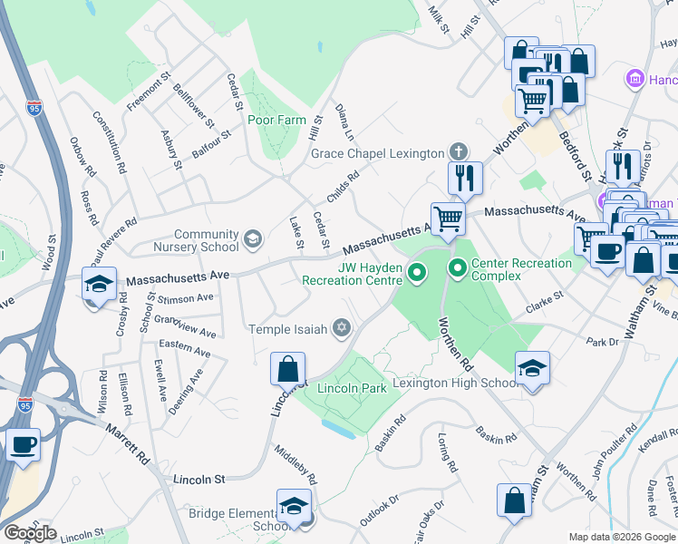 map of restaurants, bars, coffee shops, grocery stores, and more near 2180 Massachusetts Avenue in Lexington