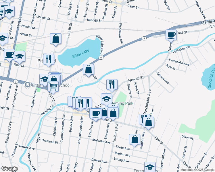 map of restaurants, bars, coffee shops, grocery stores, and more near 100 Lyman Street in Pittsfield