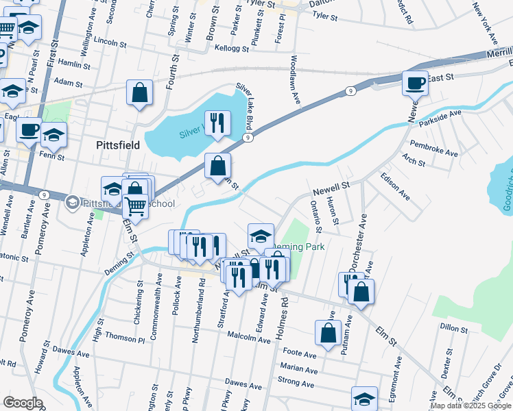 map of restaurants, bars, coffee shops, grocery stores, and more near 100 Lyman Street in Pittsfield