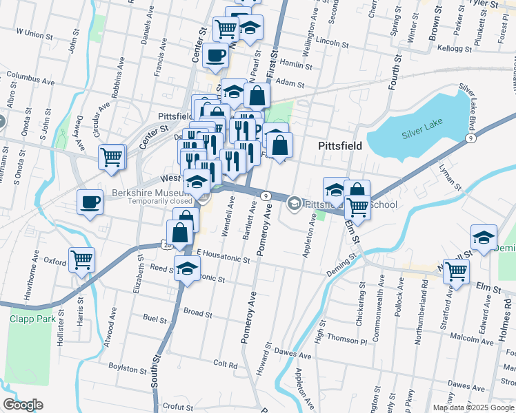 map of restaurants, bars, coffee shops, grocery stores, and more near 28 Bartlett Avenue in Pittsfield