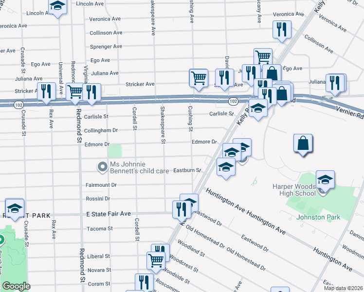 map of restaurants, bars, coffee shops, grocery stores, and more near 16689 Bringard Drive in Detroit