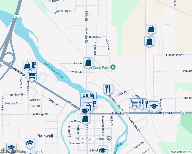 map of restaurants, bars, coffee shops, grocery stores, and more near 405 Thomas Street in Plainwell