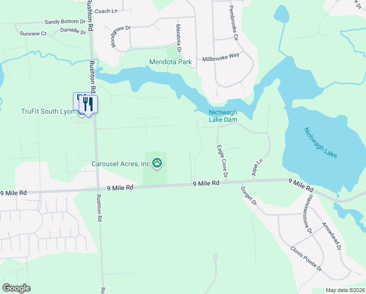 map of restaurants, bars, coffee shops, grocery stores, and more near 12913 9 Mile Road in South Lyon