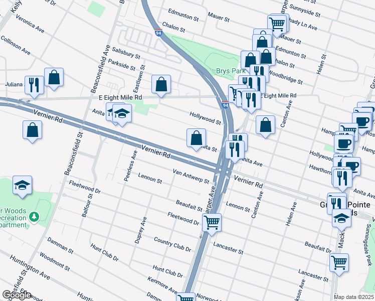 map of restaurants, bars, coffee shops, grocery stores, and more near 20525 Vernier Road in Harper Woods