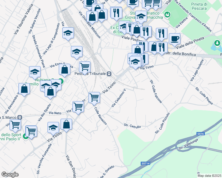 map of restaurants, bars, coffee shops, grocery stores, and more near 107 Via Tirino in Pescara