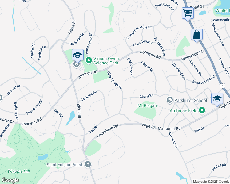 map of restaurants, bars, coffee shops, grocery stores, and more near 17 Olde Village Drive in Winchester