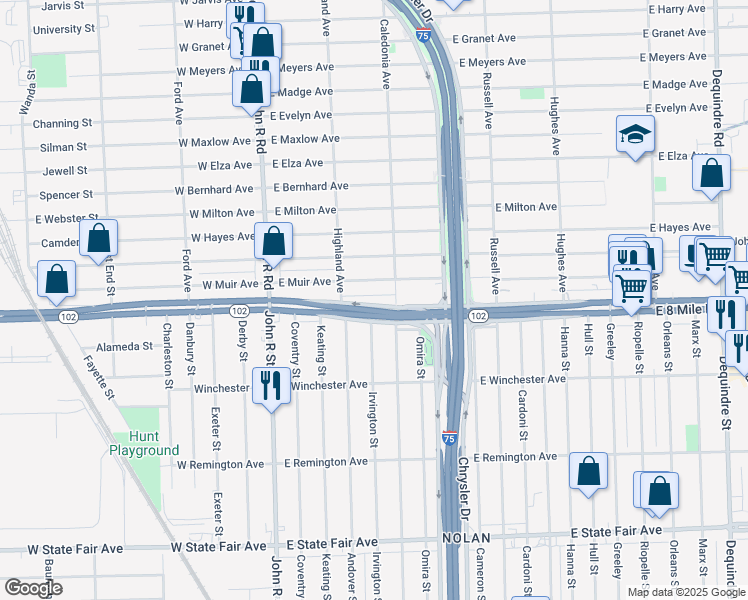 map of restaurants, bars, coffee shops, grocery stores, and more near 601 East 8 Mile Road in Hazel Park
