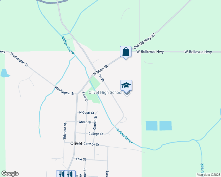 map of restaurants, bars, coffee shops, grocery stores, and more near 186 1st Street in Olivet