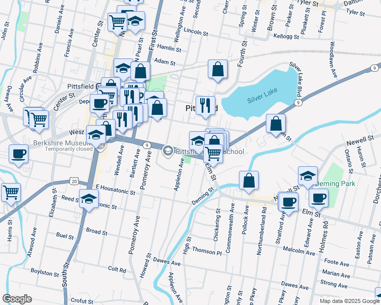 map of restaurants, bars, coffee shops, grocery stores, and more near 414 North Street in Pittsfield