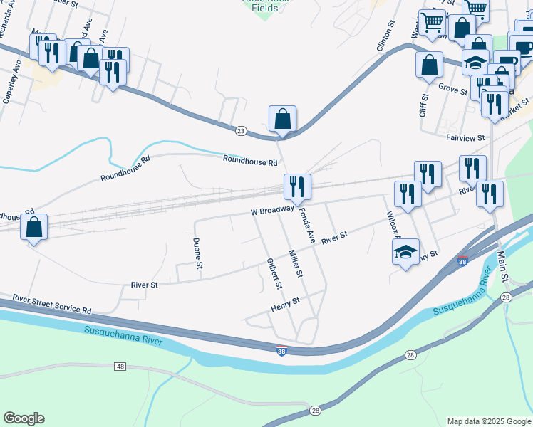 map of restaurants, bars, coffee shops, grocery stores, and more near 72 Gilbert St in Oneonta