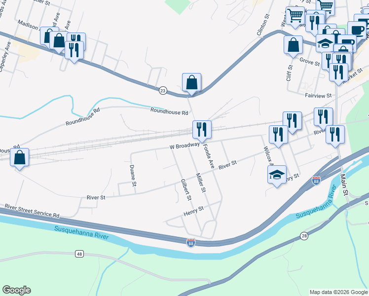 map of restaurants, bars, coffee shops, grocery stores, and more near 60 Miller Street in Oneonta