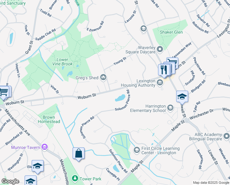 map of restaurants, bars, coffee shops, grocery stores, and more near 211 Woburn Street in Lexington