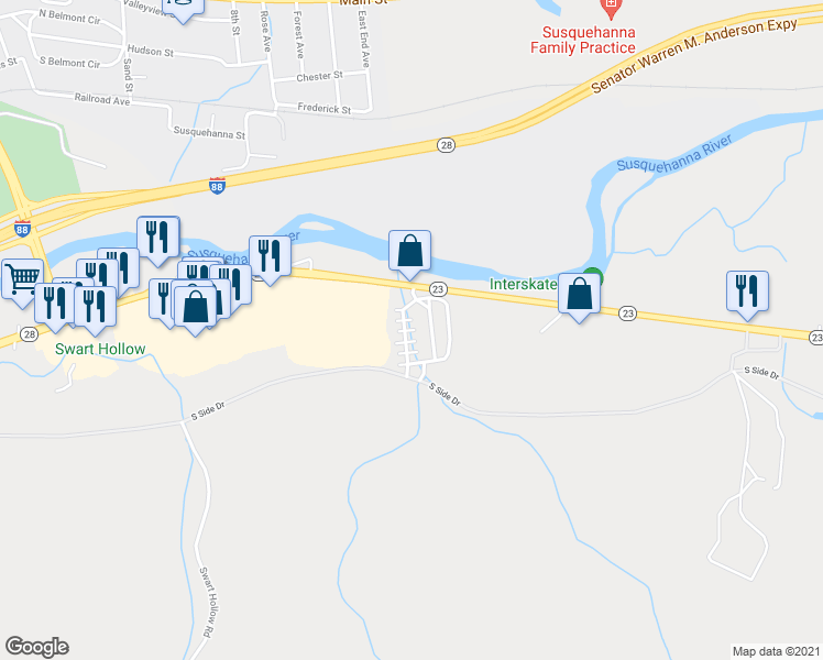 map of restaurants, bars, coffee shops, grocery stores, and more near 5106 New York 23 in Oneonta