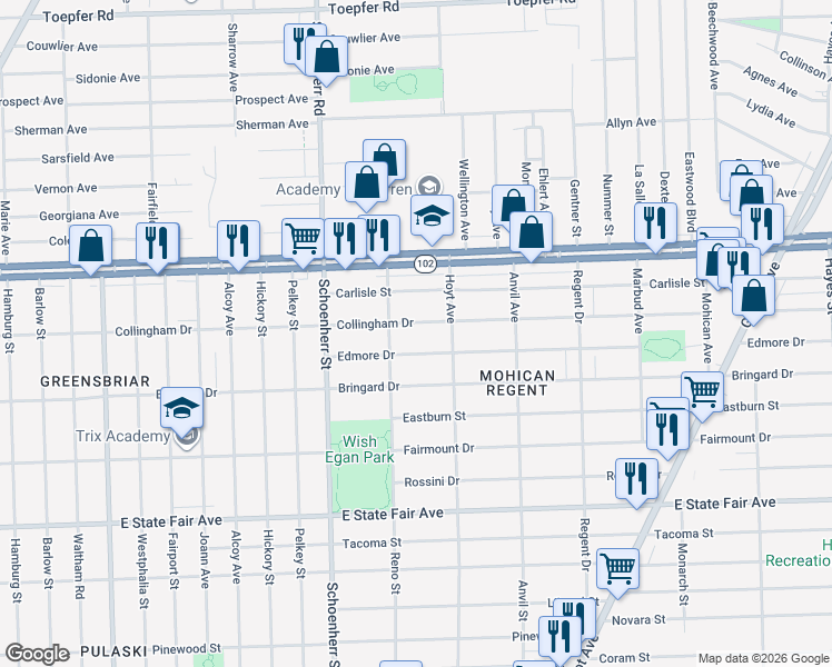 map of restaurants, bars, coffee shops, grocery stores, and more near 13877 Edmore Drive in Detroit