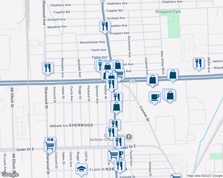 map of restaurants, bars, coffee shops, grocery stores, and more near 20445 Van Dyke Avenue in Detroit