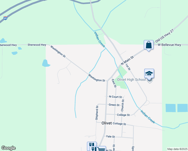 map of restaurants, bars, coffee shops, grocery stores, and more near 213 Washington Street in Olivet