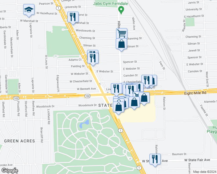 map of restaurants, bars, coffee shops, grocery stores, and more near 145 East Bennette Street in Ferndale